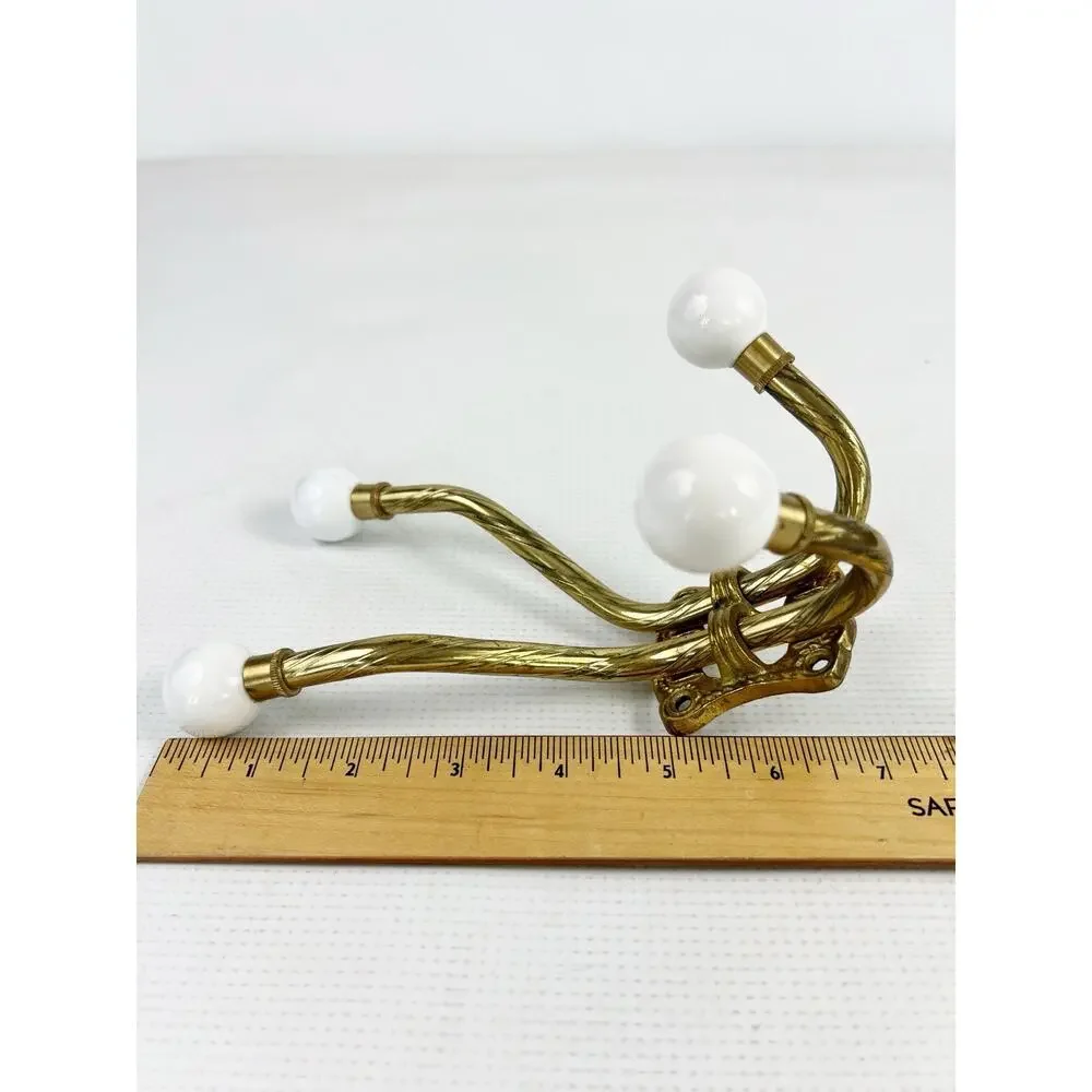 Vintage Wall Mounted 4-Hook Coat Rack Brass With White Knobs Patina Age